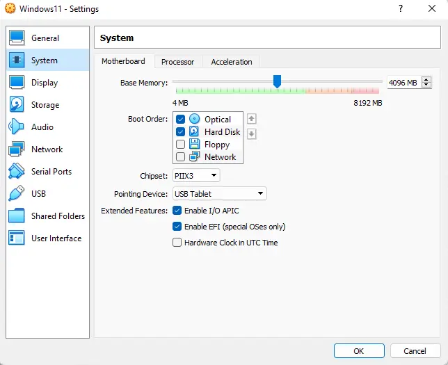 VirtualBox Virtual machine settings system