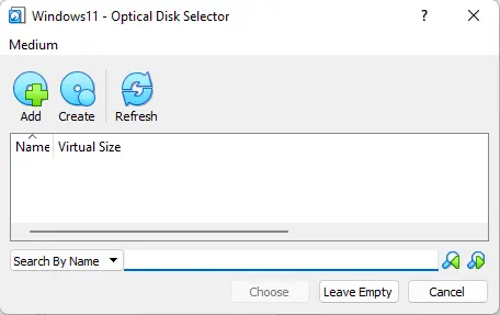 VirtualBox optical disk selector