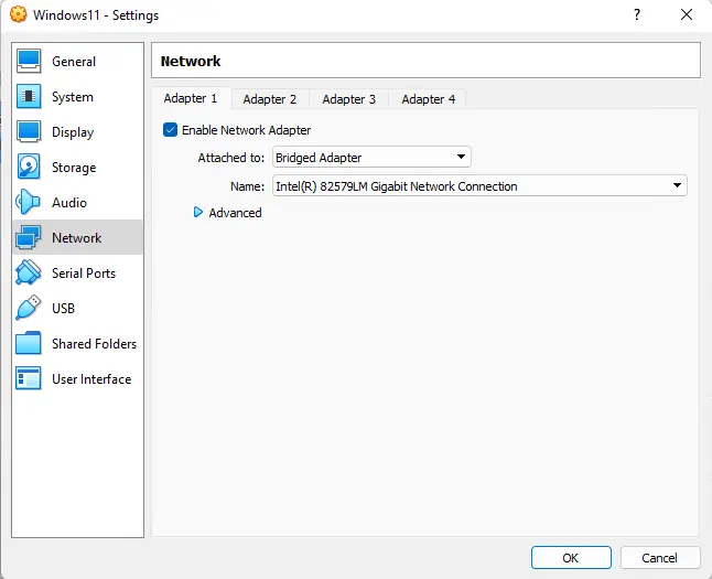 VirtualBox virtual machine network settings