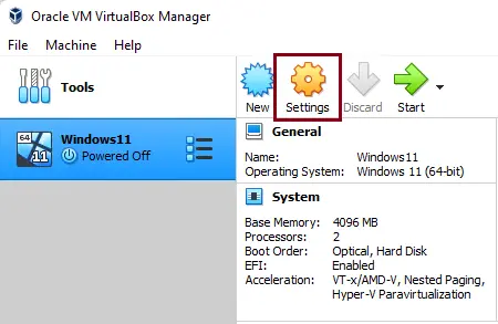 Virtualbox manager Settings
