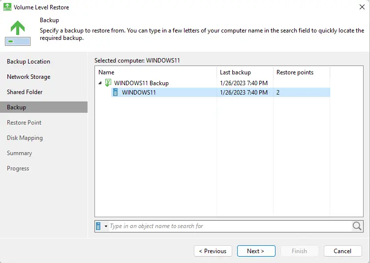 Volume level restore Veeam