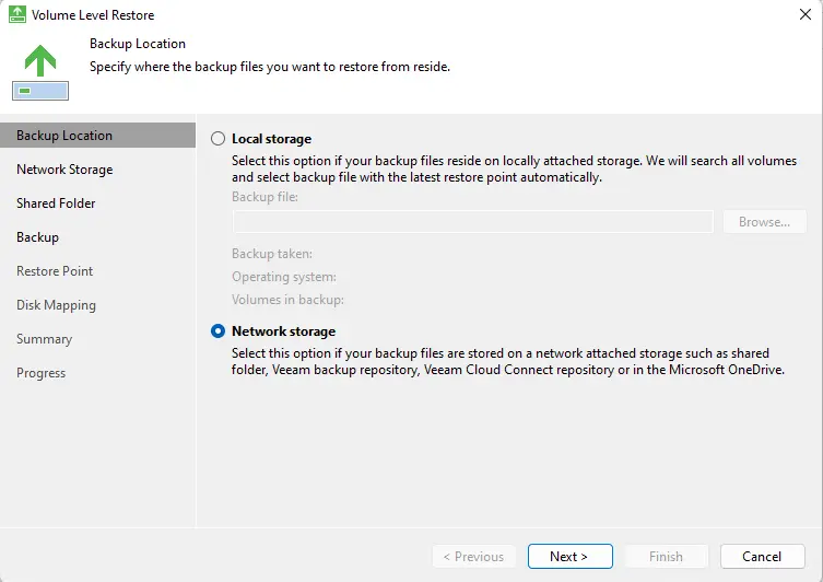 Volume level restore backup location