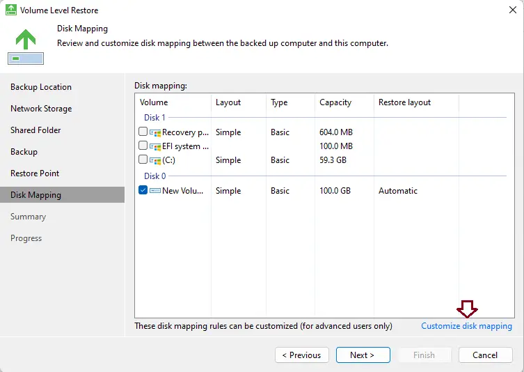 Volume level restore disk mapping