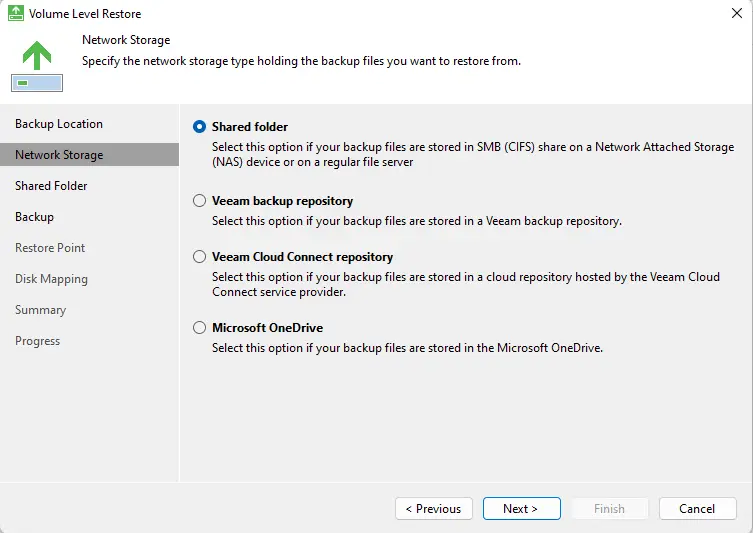 Volume level restore network storage