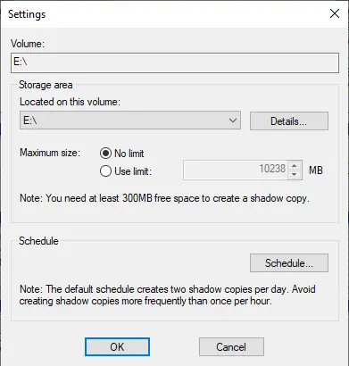 Volume shadow copies settings