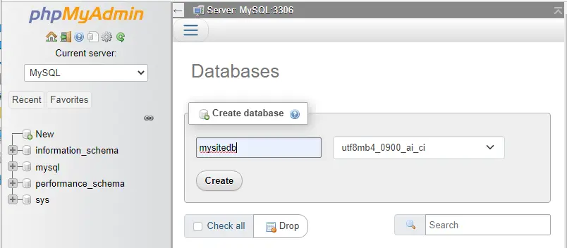 WAMP server create database