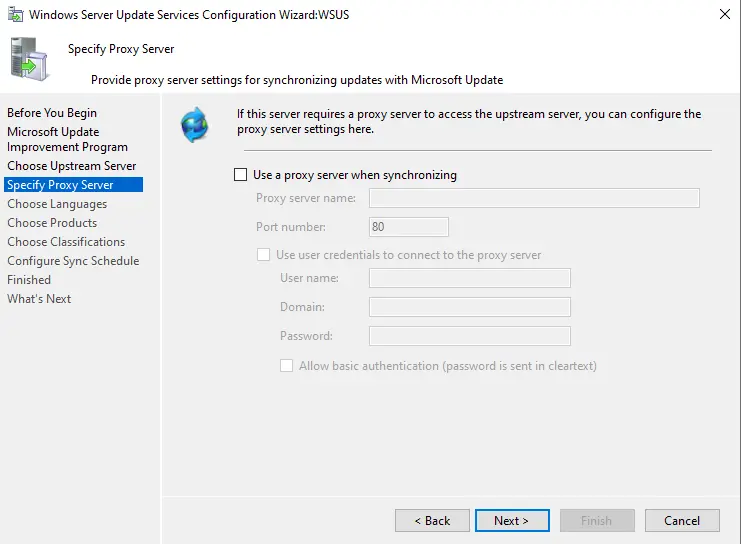 WSUS configuration specify proxy server