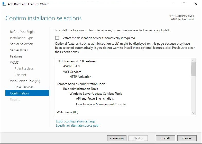 WSUS role confirm installation selections