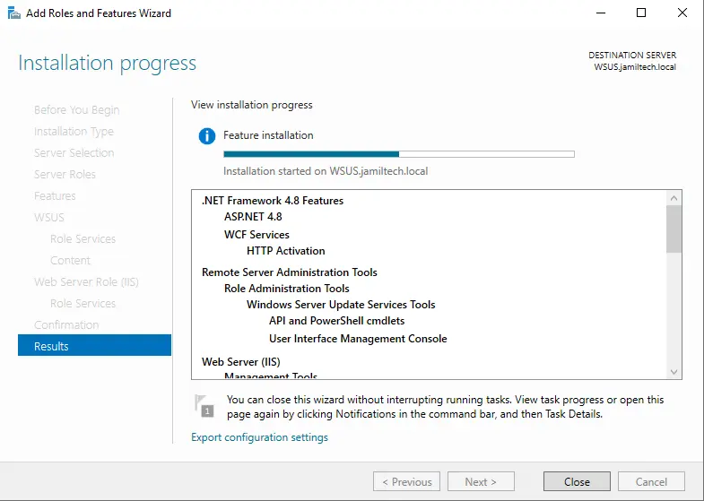 WSUS role installation progress