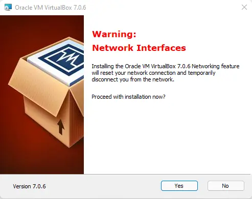 Warning network interface virtualbox setup