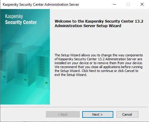 Welcome to Kaspersky security center setup wizard