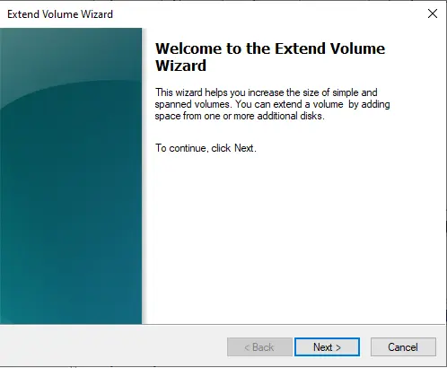 Welcome to extend volume wizard