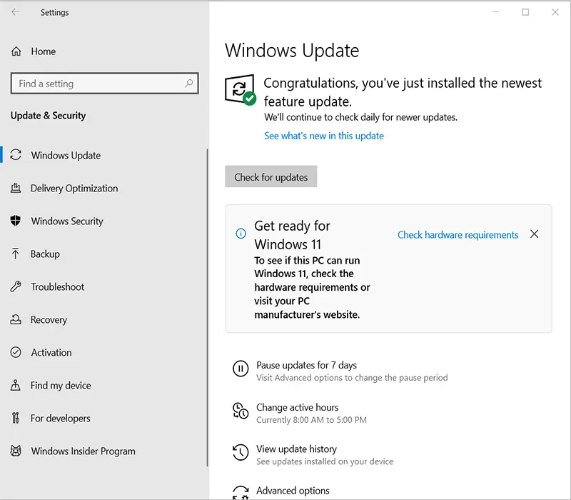 Windows 10 check for update