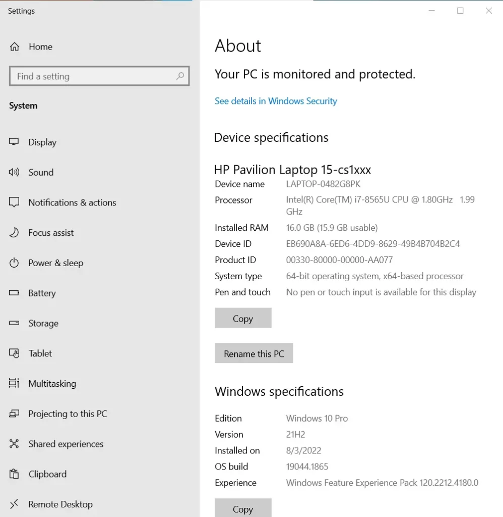 Windows 10 device specifications