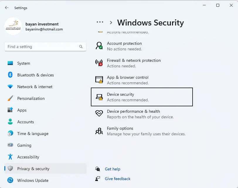 Windows 11 security app device security