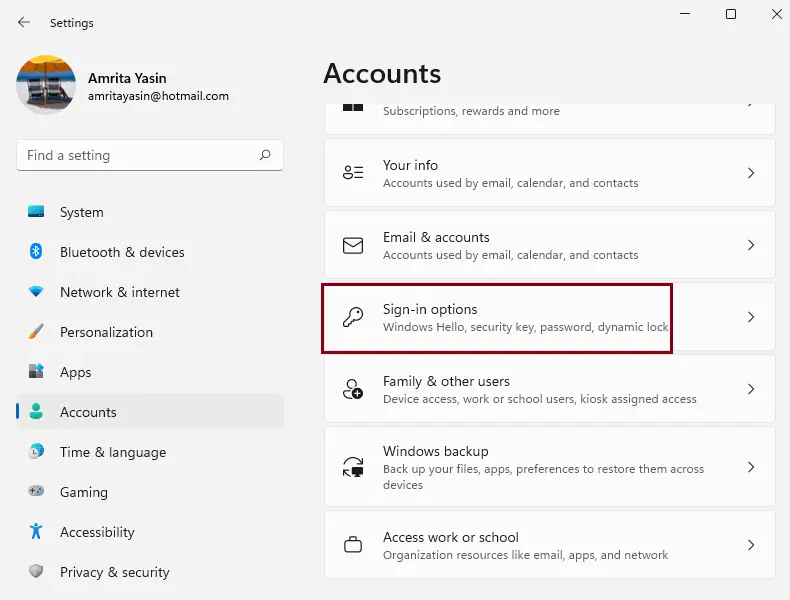 Windows 11 settings sign-in options