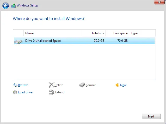 Windows 11 setup unallocated disk