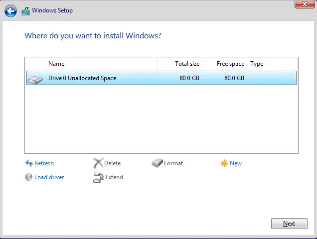 Windows 11 setup unallocated space