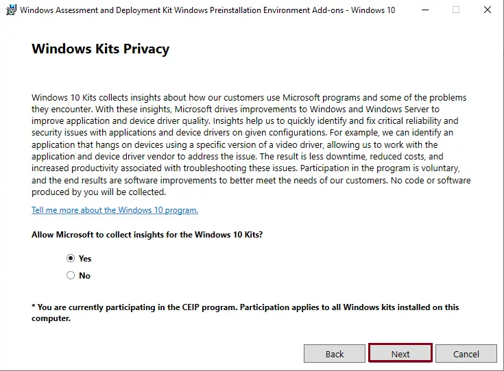 Windows Kit privacy