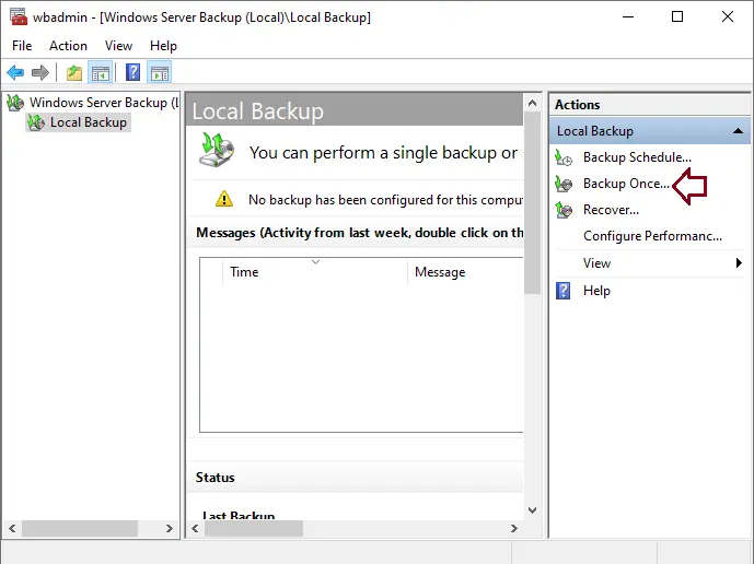 Windows Server Backup interface