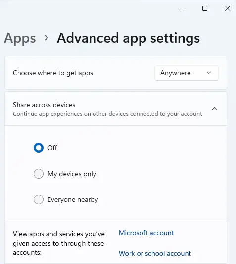Windows advanced app settings