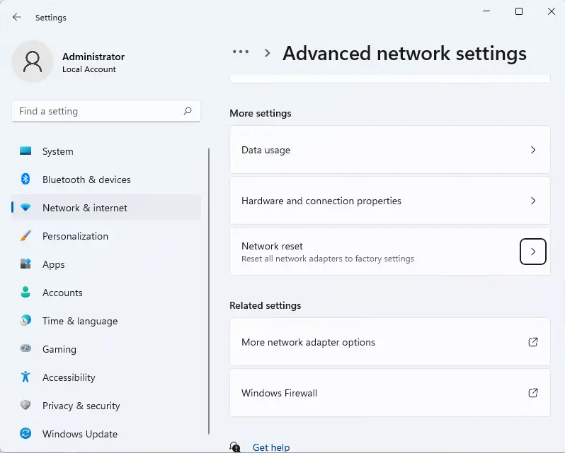 Windows advanced network settings