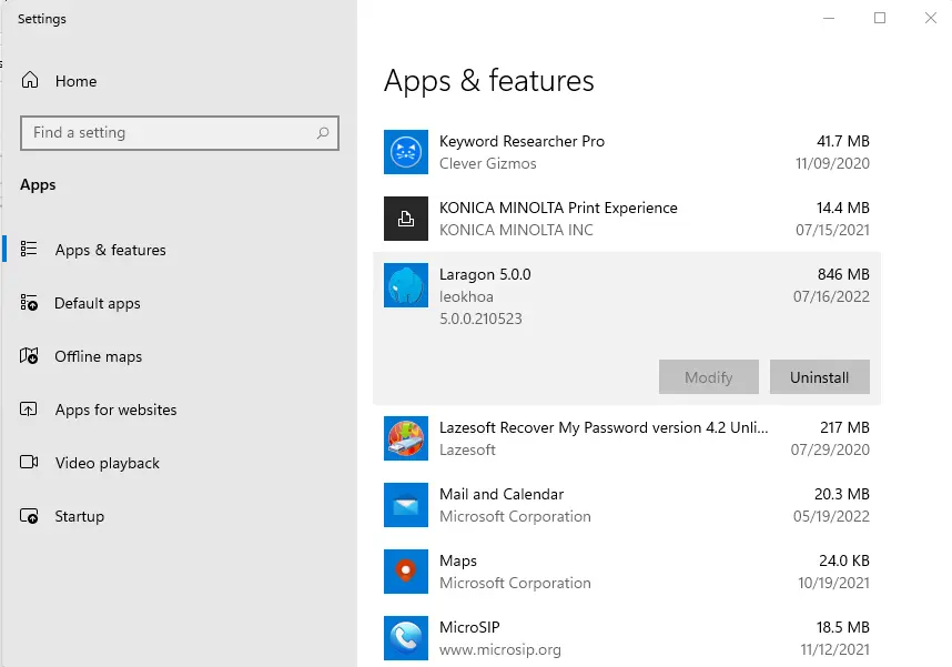 Windows apps and features