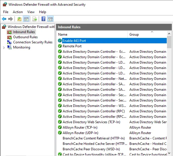 Windows defender firewall inbound rule