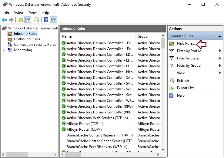 Windows defender firewall inbound rules