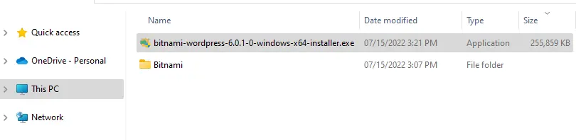 Windows explorer Bitnami installer
