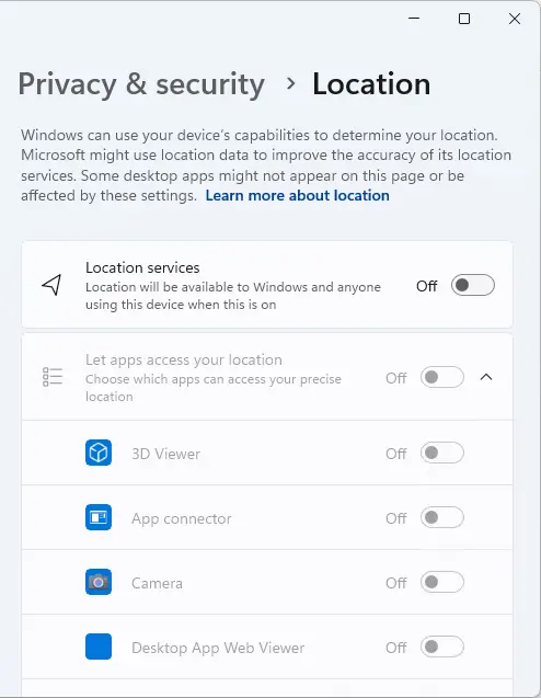 Windows privacy & security location services