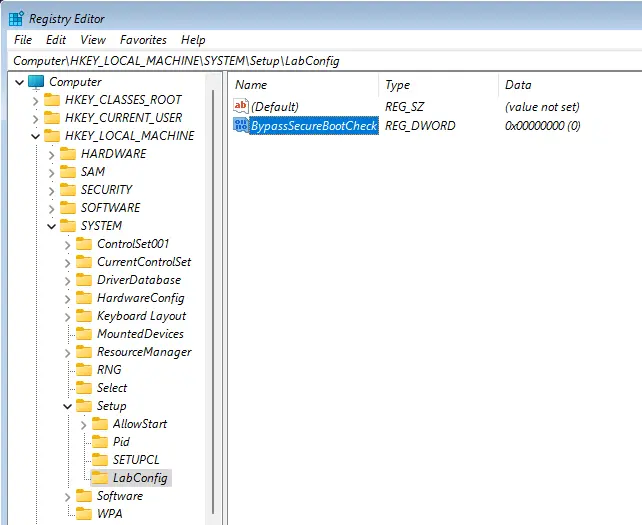 Windows registry BypassSecureBookCheck