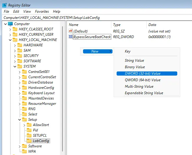 Windows registry bypass Secure Check