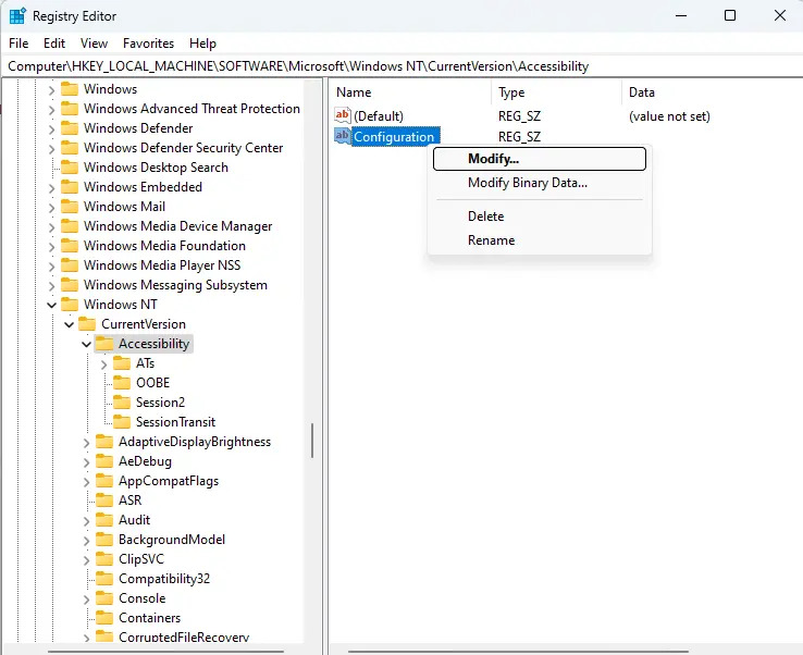 Windows registry editor