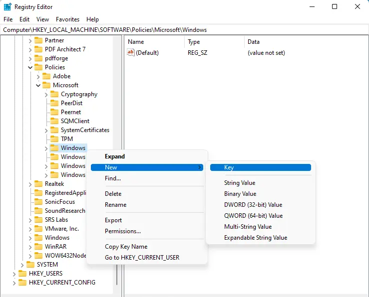 Windows registry editor