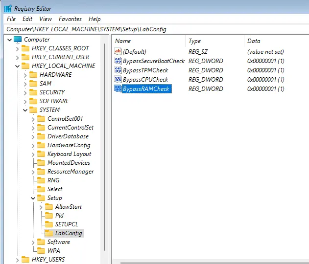 Windows registry setup LabConfig key