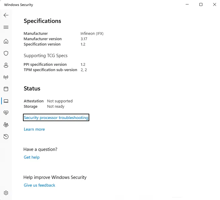 Windows security specifications