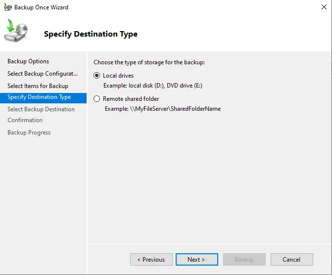 Windows server backup destination