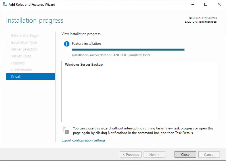 Windows server backup installation progress results