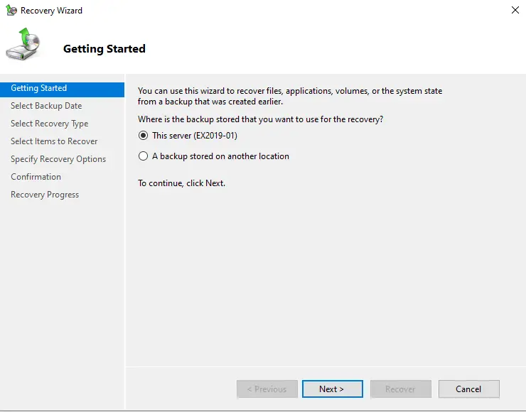 Windows server backup recovery wizard