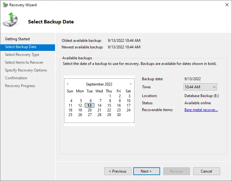 Windows server backup select backup date