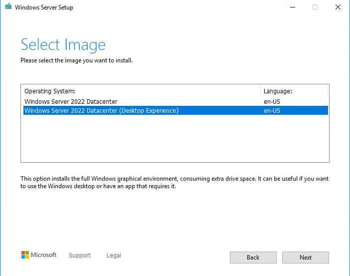 Windows server setup select image