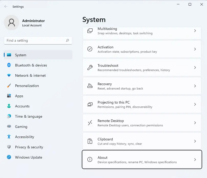 Windows settings about