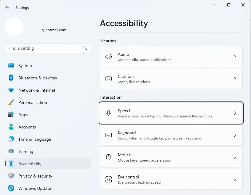 Windows settings accessibility