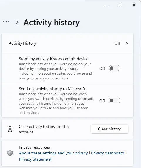 Windows settings active history