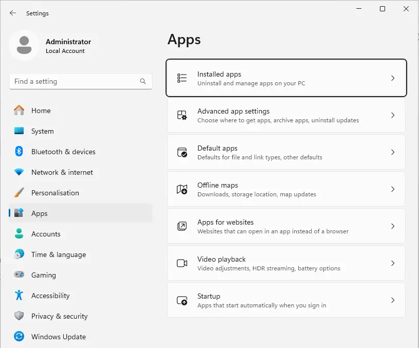 Windows settings apps