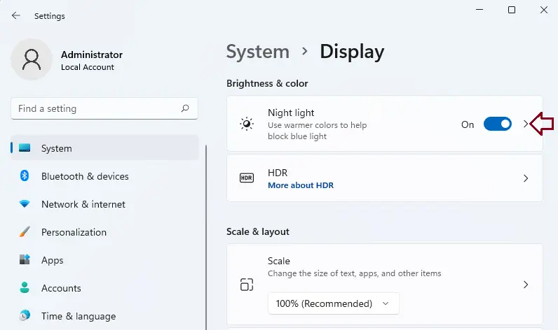 Windows settings brightness & color