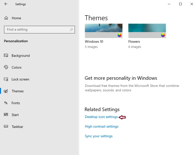 Windows settings desktop icons