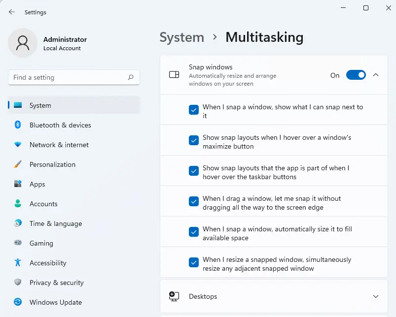 Windows settings multitasking options