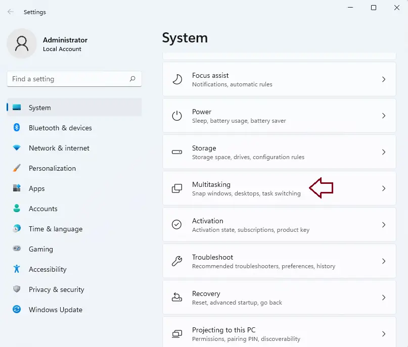 Windows settings multitasking